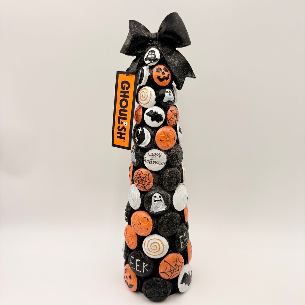 Ghoulish Halloween Macaron Cone Tree Glitter Pumpkin Ghost Decor NEW